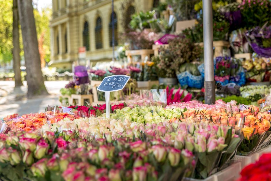 A vibrant outdoor floral market featuring a variety of fresh flower bouquets arranged on tables, predominantly in shades of pink, peach, and cream. The flowers include roses and tulips, wrapped in cle